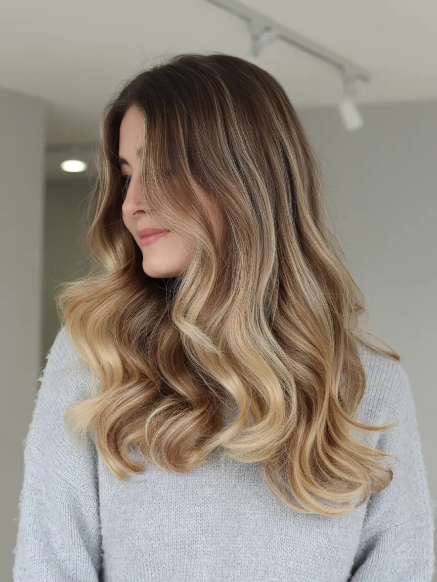winter hair colors for blondes Honeyed Caramel Balayage Waves