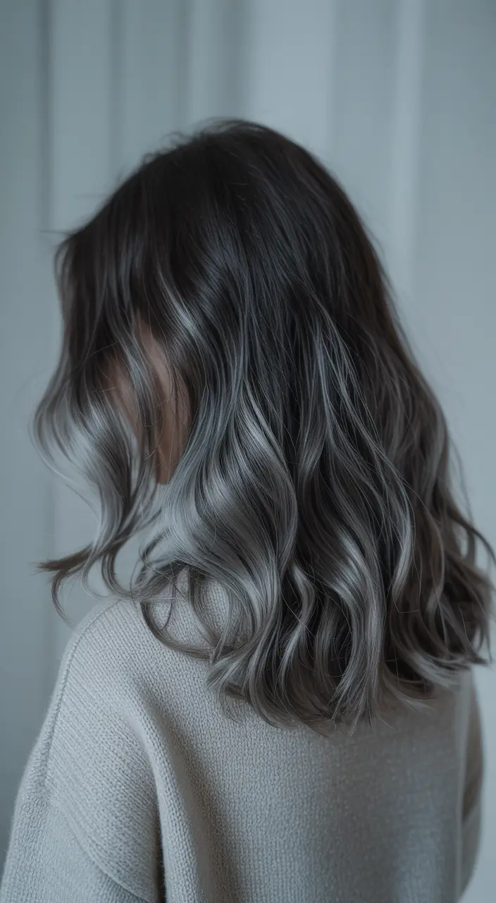 Brown Hair Color Ideas Winter 2025-2026 Smoky Silver-Brown Waves