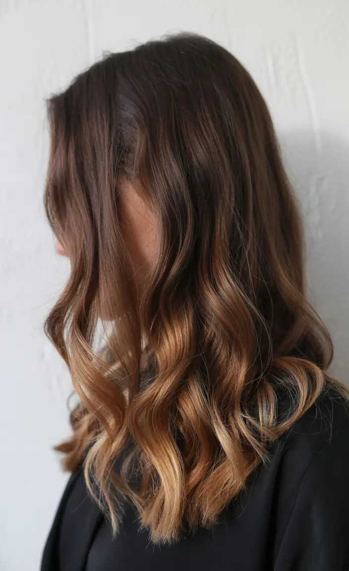 Brown Hair Color Ideas Winter 2025-2026 Golden-Caramel Ombre Waves