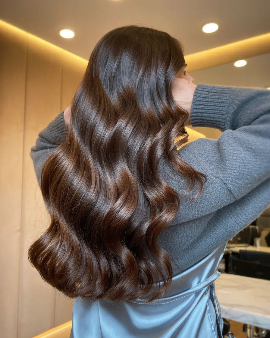 winter hair colors for brunettes 2025 Hollywood Waves in Deep Chocolate