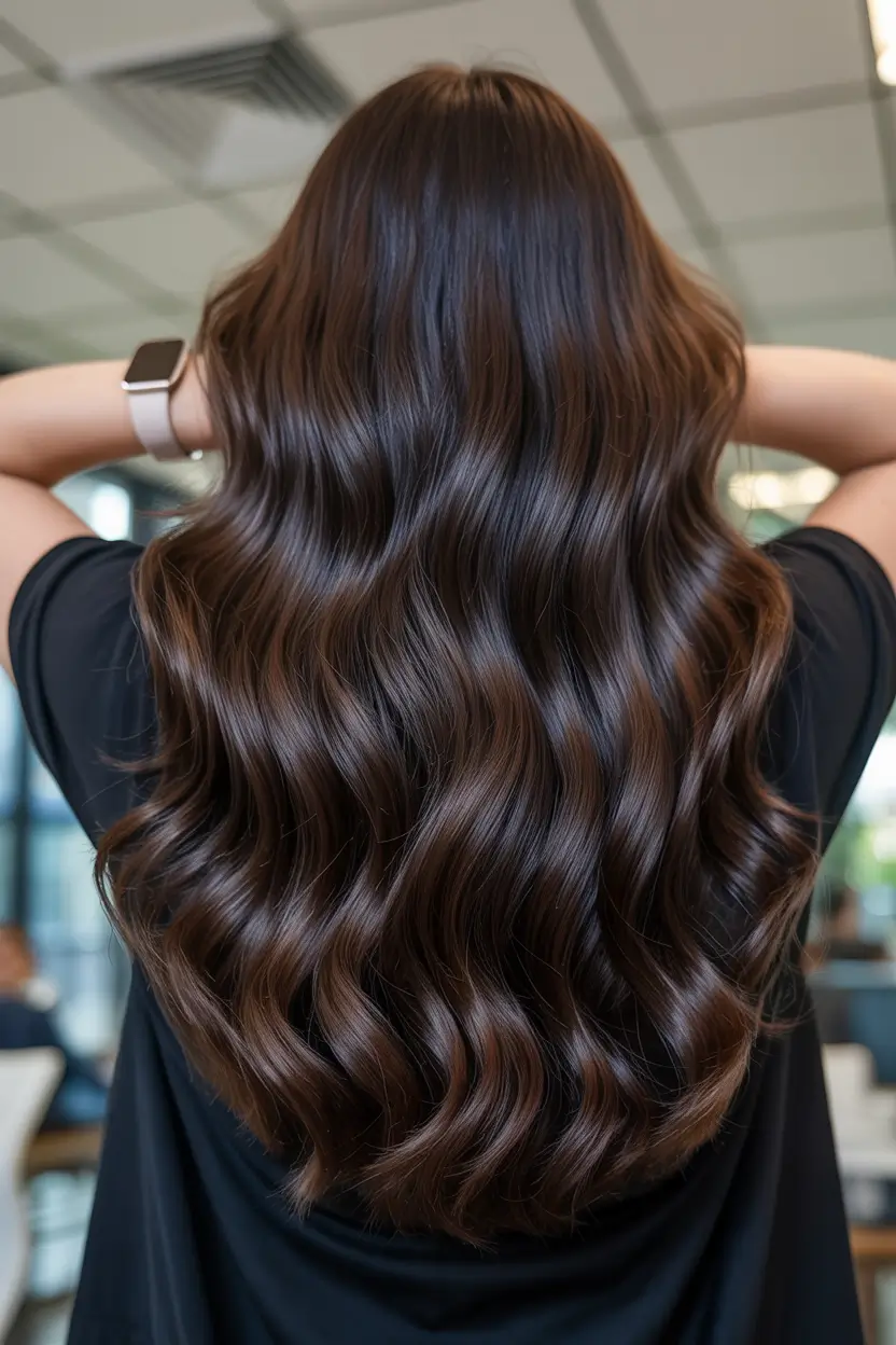winter hair colors for brunettes dark Classic Long Waves in Espresso Shine