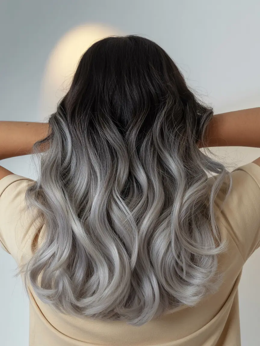 blonde hair colors for deep winter Charcoal to Silver Ombre Waves