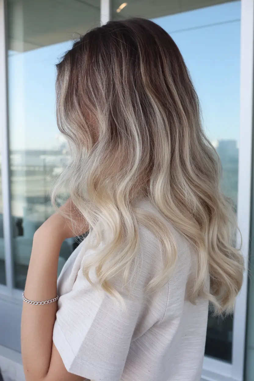 deep winter palette hair colors Smoky Blonde with Dimensional Roots