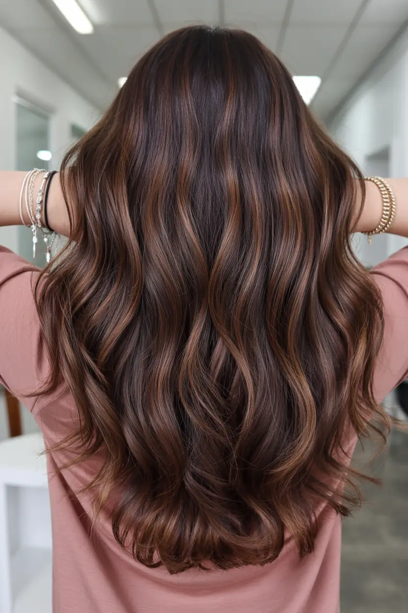 deep winter palette hair colors Chocolate Waves with Subtle Caramel Dimension
