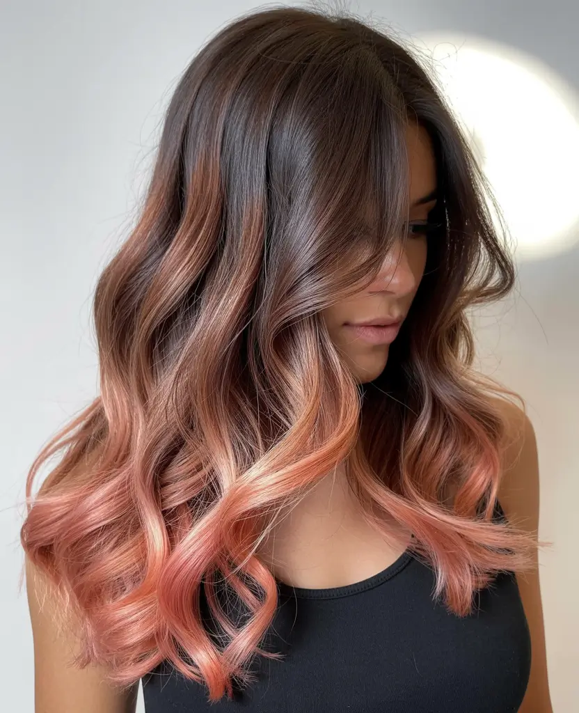 light hair colors for deep winter Rosewood Balayage with Peachy Ends