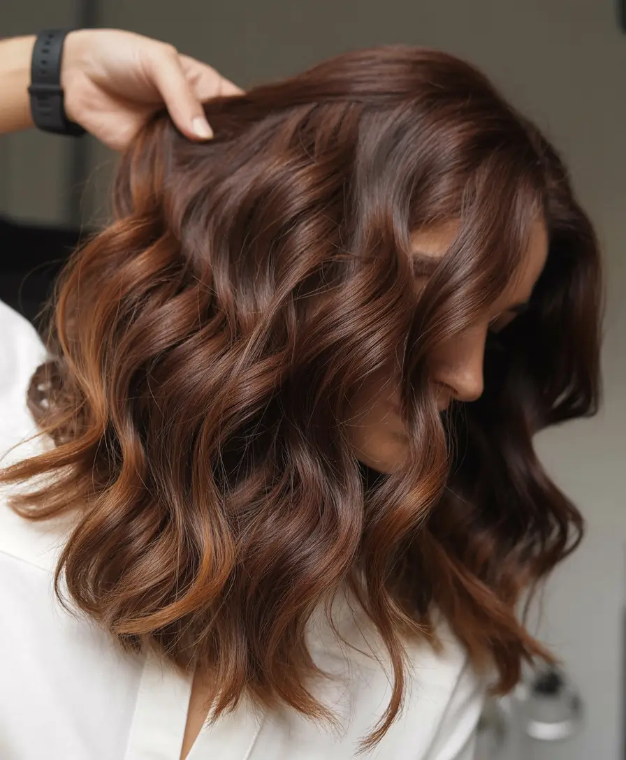 deep winter color palette hair colors Chestnut Brown Waves with Subtle Copper Lights