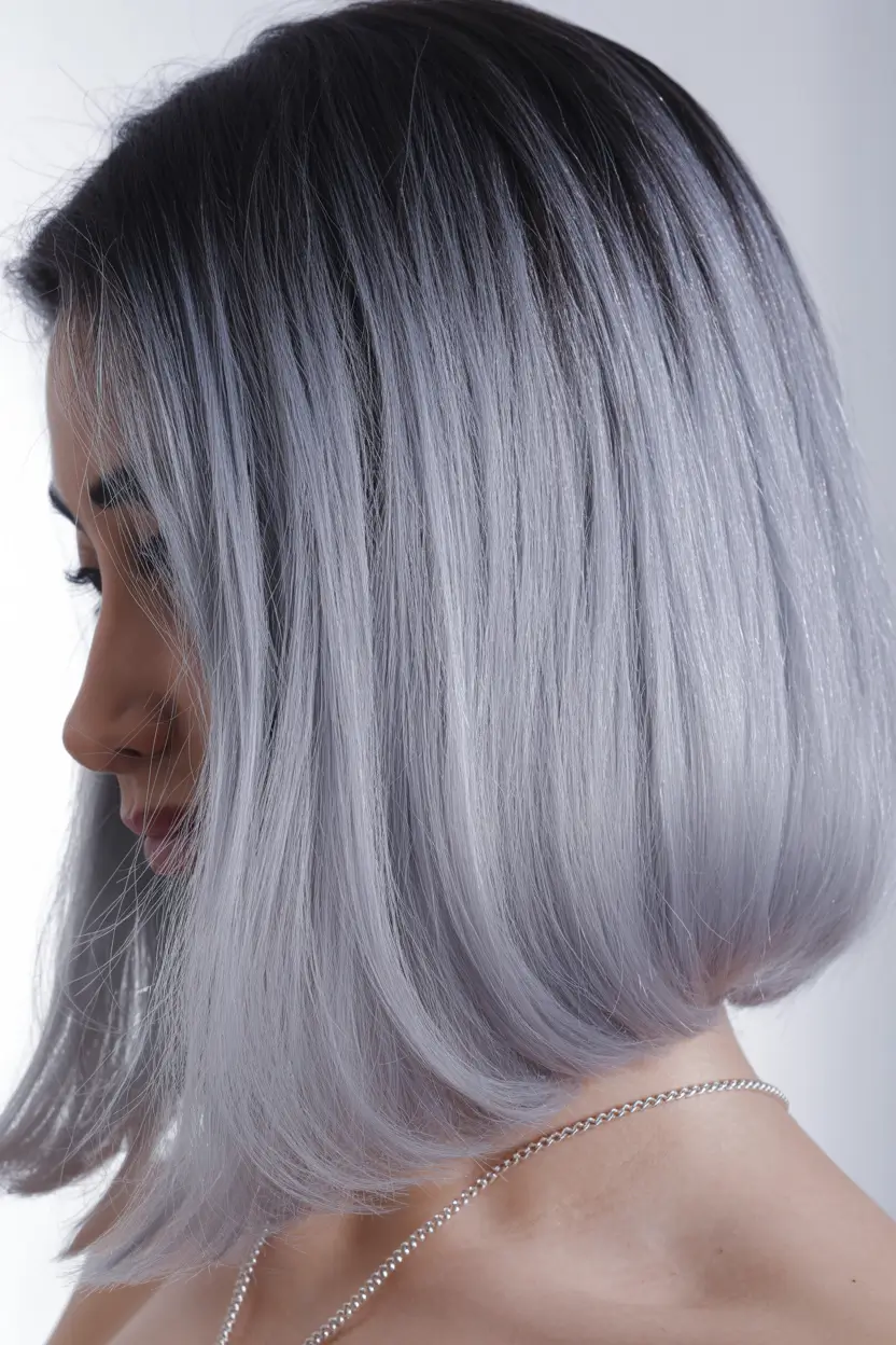 winter hair colors Icy Silver Bob with Dark Roots
