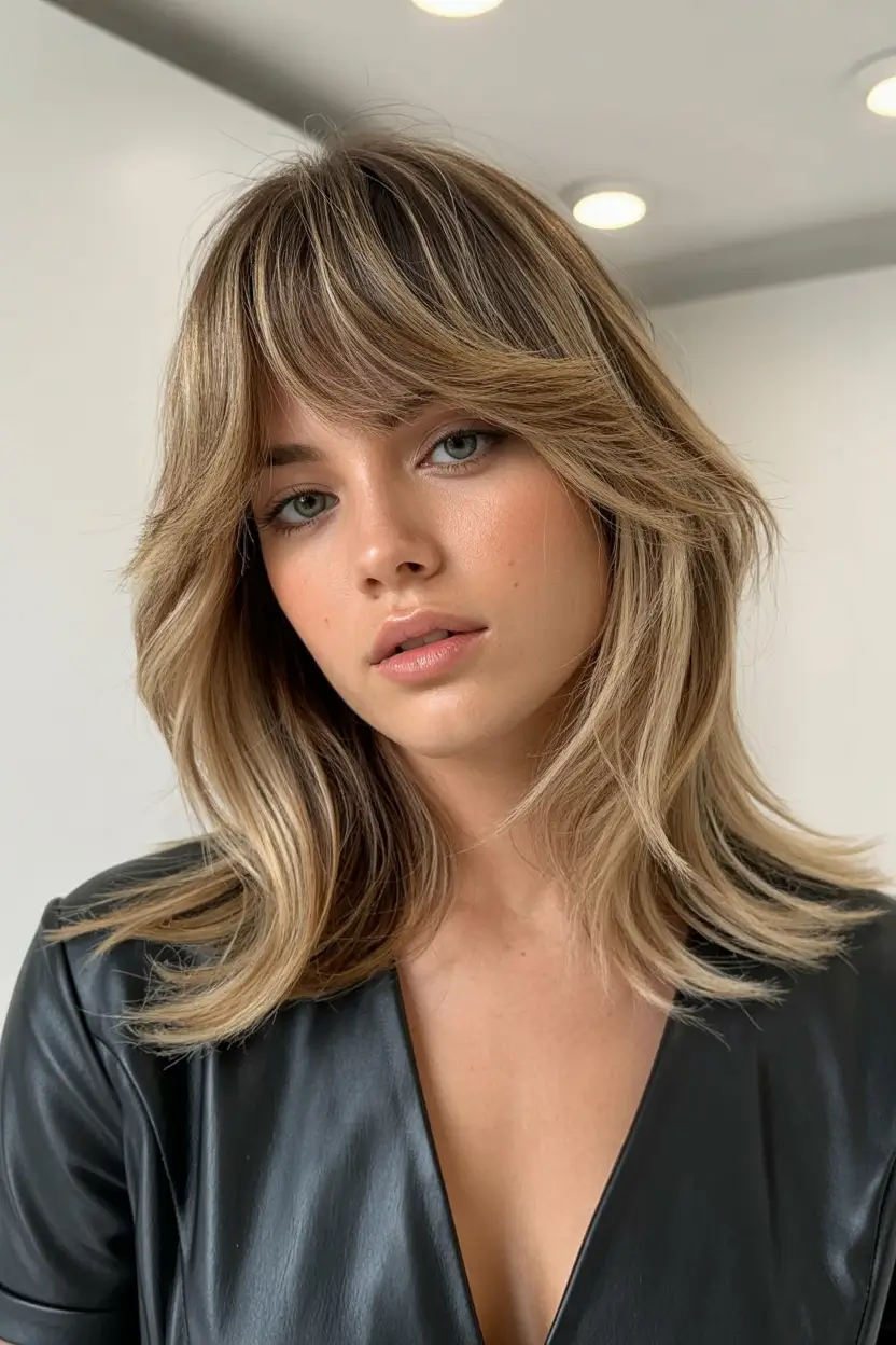 winter hair colors 2025 Soft Blonde Shag with Curtain Bangs