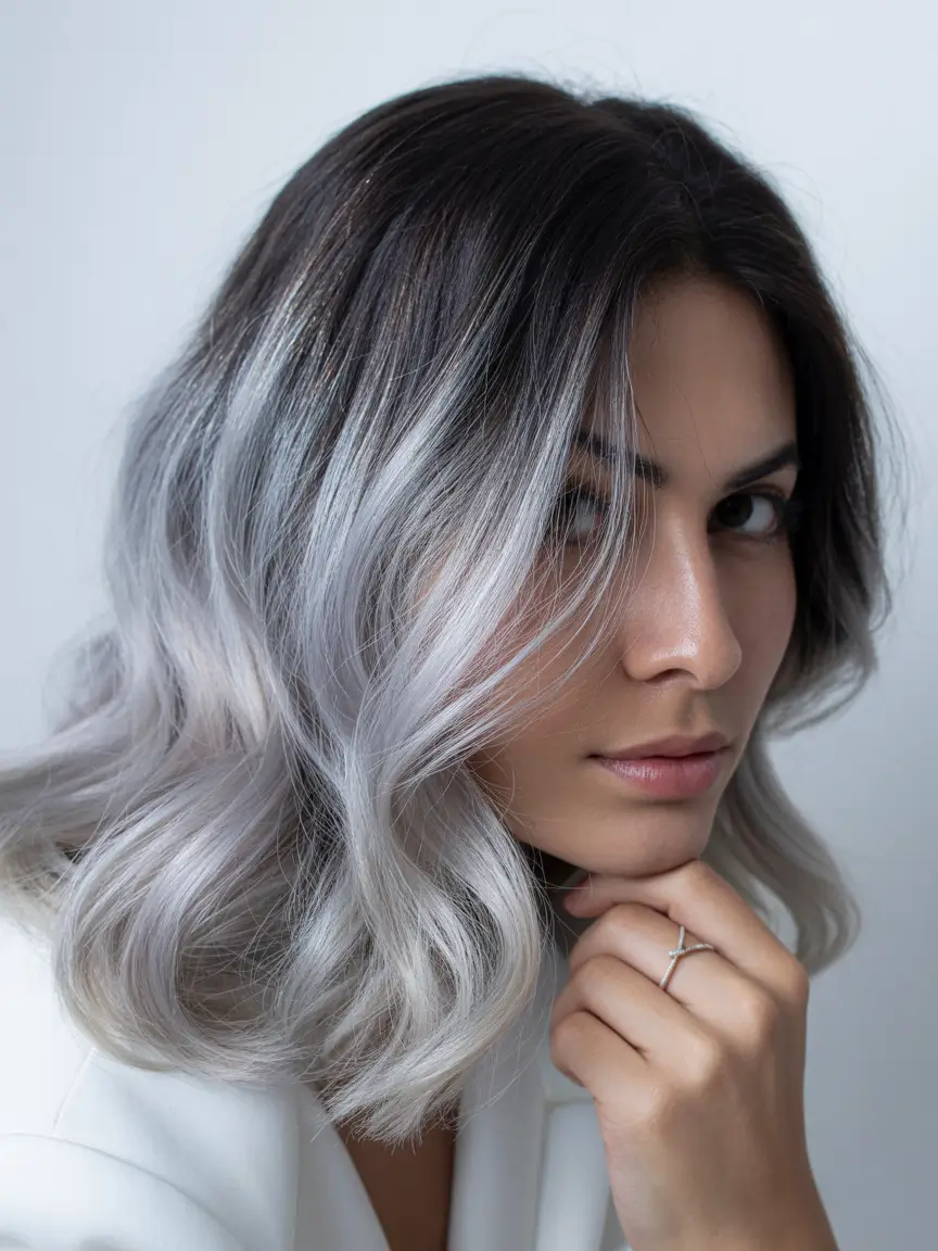 winter hair colors Frosted Silver Waves with Dark Depth