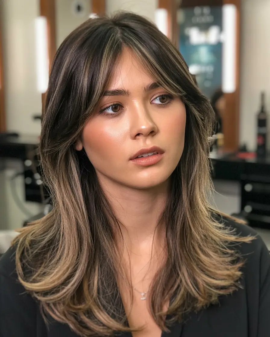 winter hair colors 2025 Layered Brunette with Money Piece