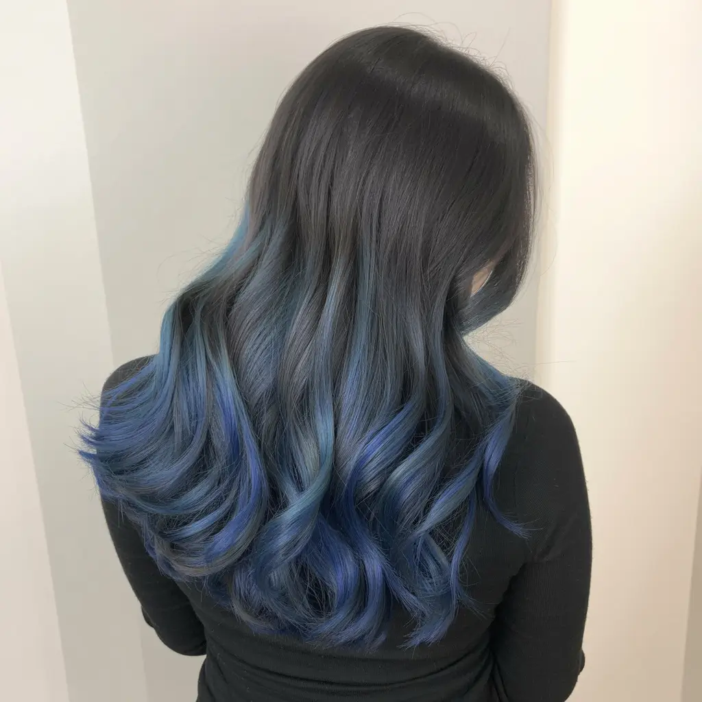 winter hair colors 2025 Blue-Tinted Midnight Waves