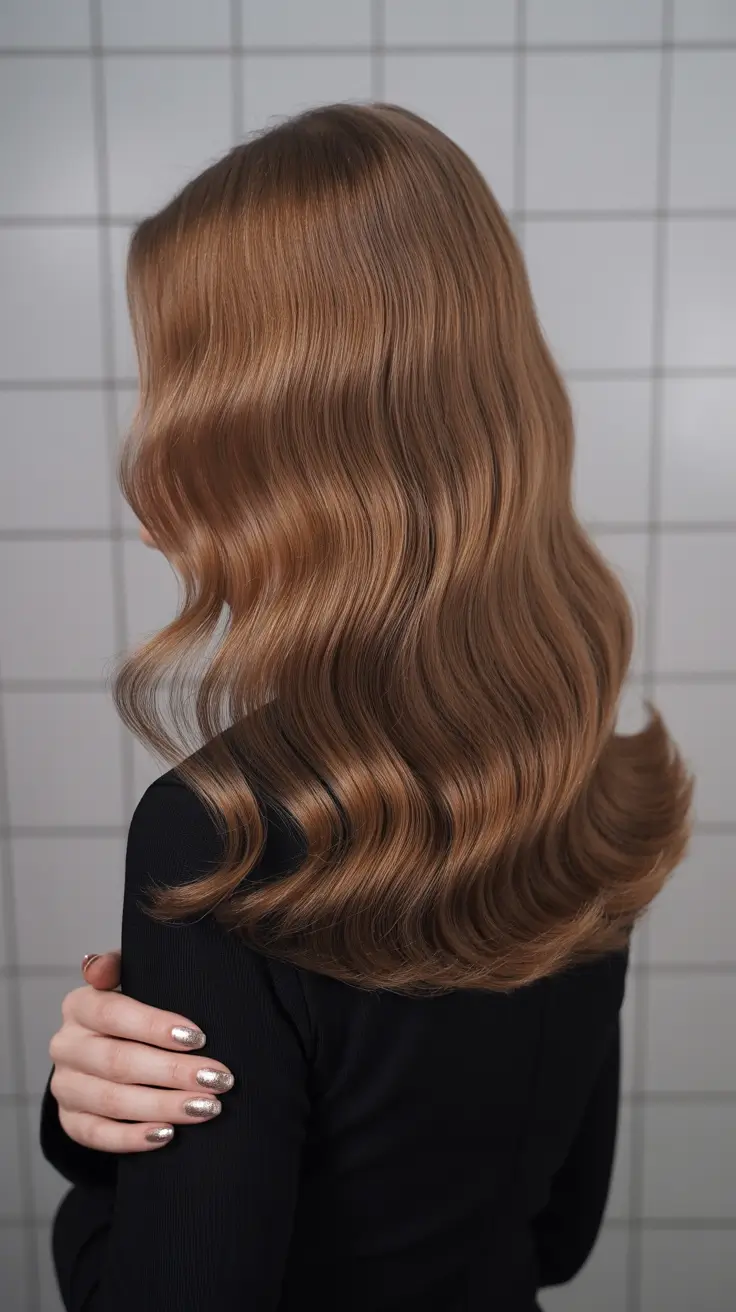 winter hair colors 2025 Glossy Chestnut Retro Waves