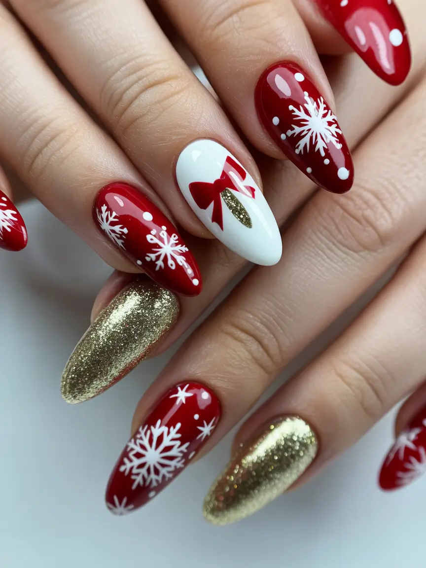 Christmas Acrylic Nails 2025 Golden Snowflake Glam