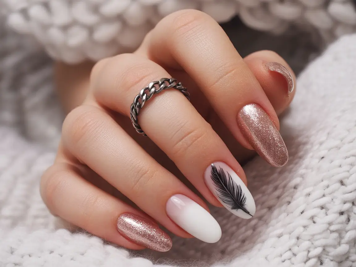 Christmas Acrylic Nails 2025 Winter Feather Elegance