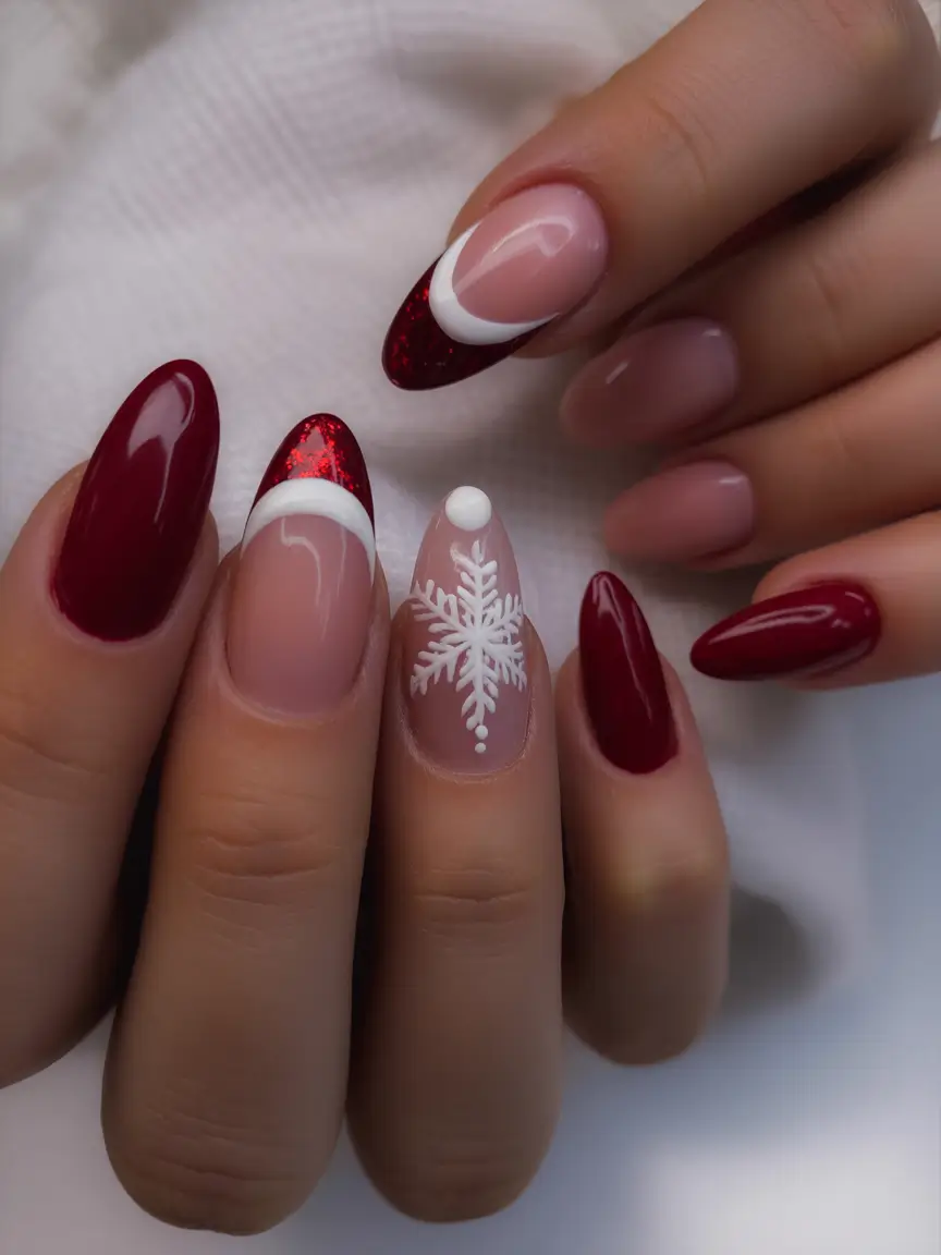 Christmas Acrylic Nails 2025 Crimson French Spark