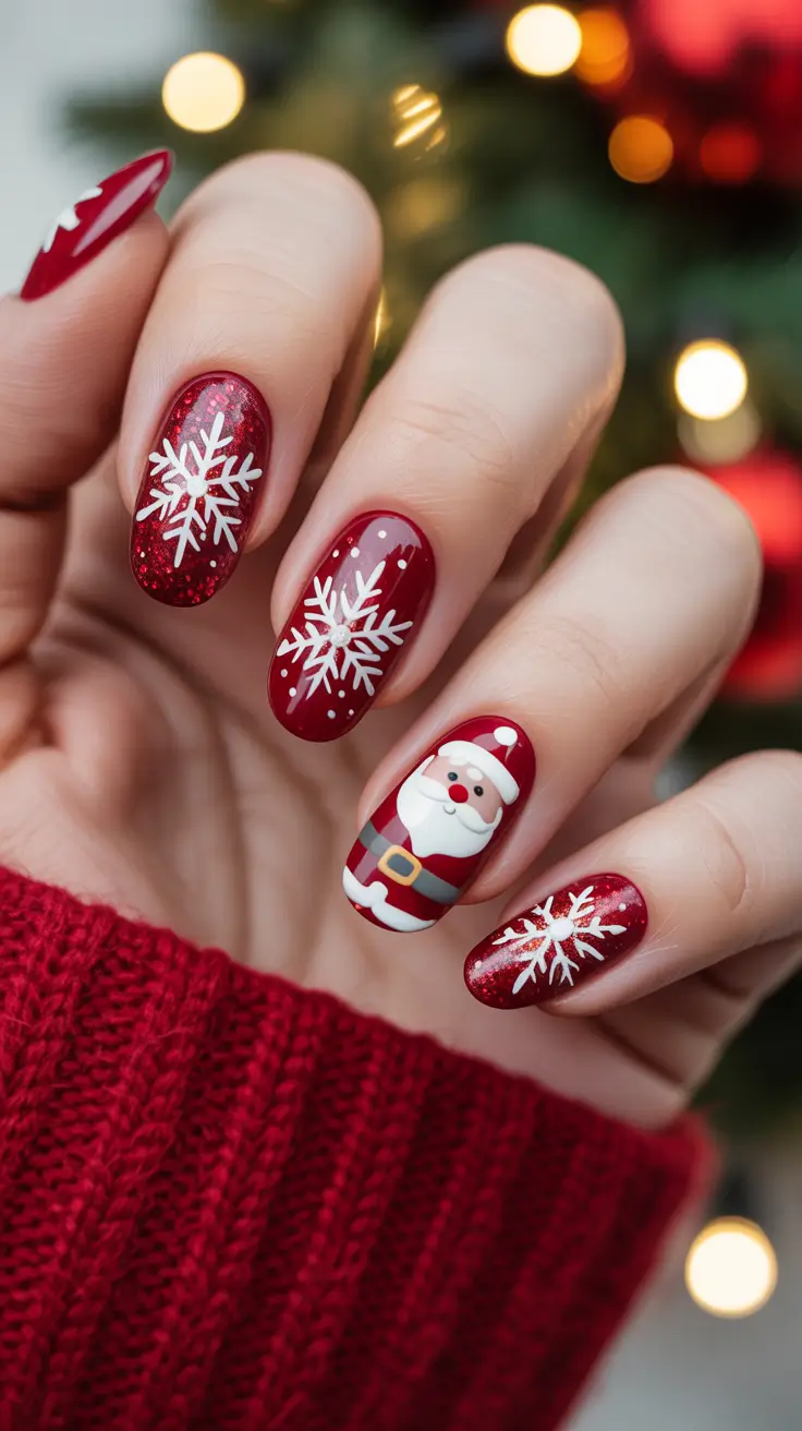 Christmas Acrylic Nails 2025 Santa-Inspired Classic Red Charm
