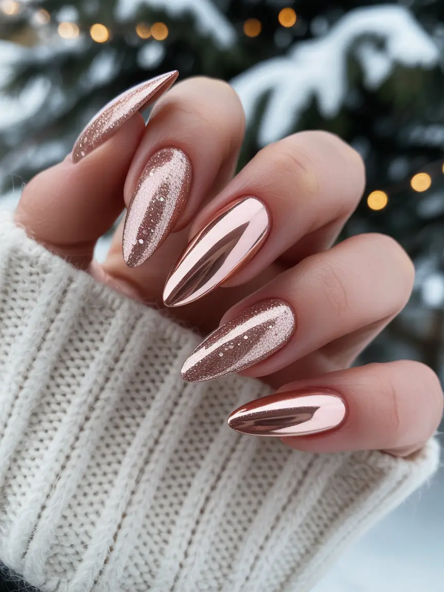 Christmas Acrylic Nails 2025 Rose Gold Frost
