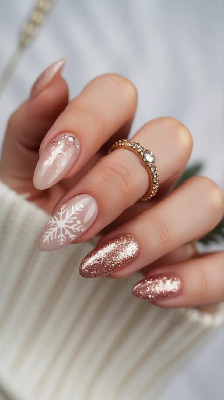 Christmas Acrylic Nails 2025 Champagne Snowflakes