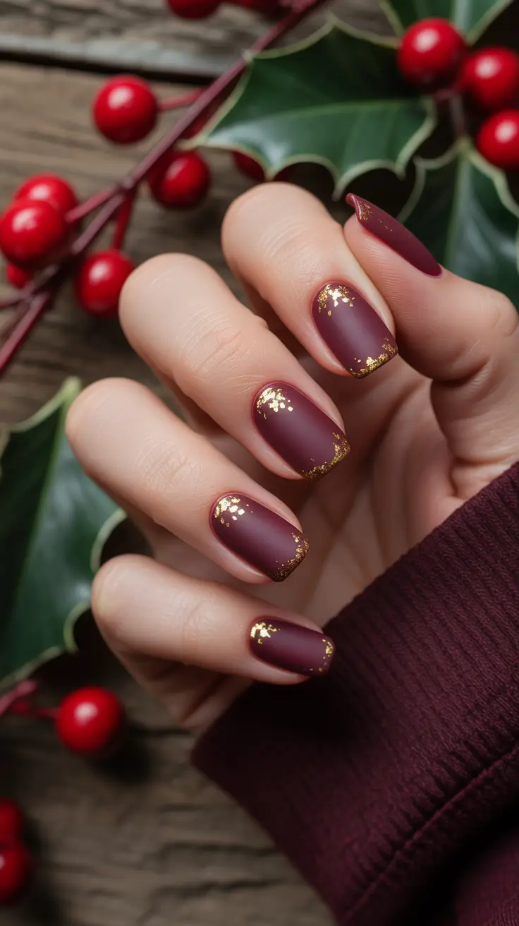 Christmas Acrylic Nails 2025 Burgundy Luxe with Gold Edges
