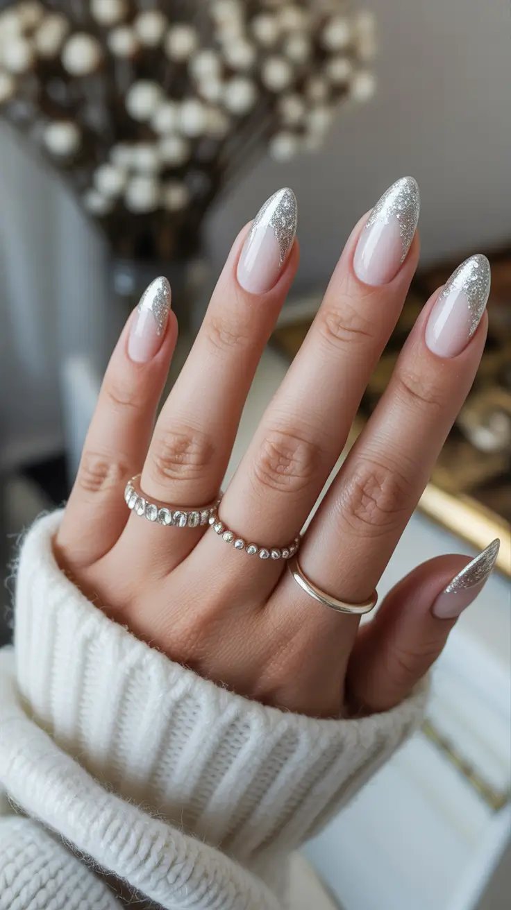 Christmas Acrylic Nails 2025 Silver Dust French Tip