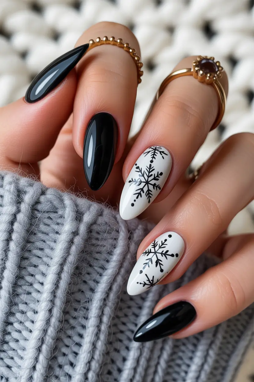 Christmas Acrylic Nails 2025 Black and White Snowfall