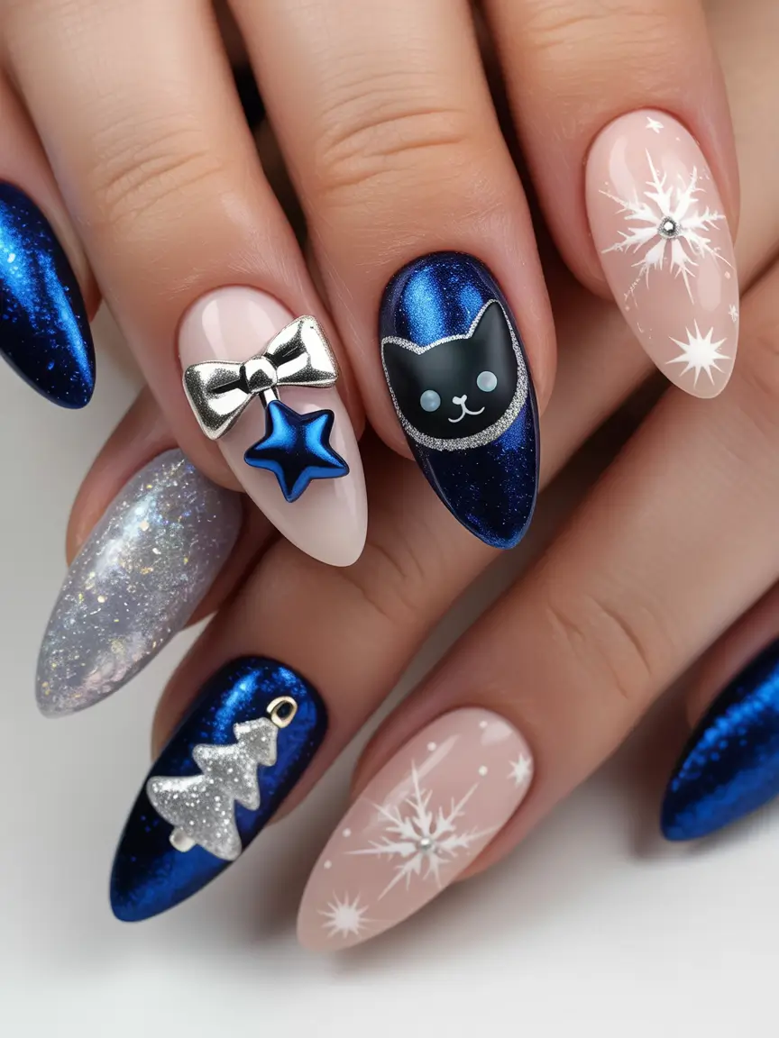 Christmas Acrylic Nails 2025 Midnight Cat Charm