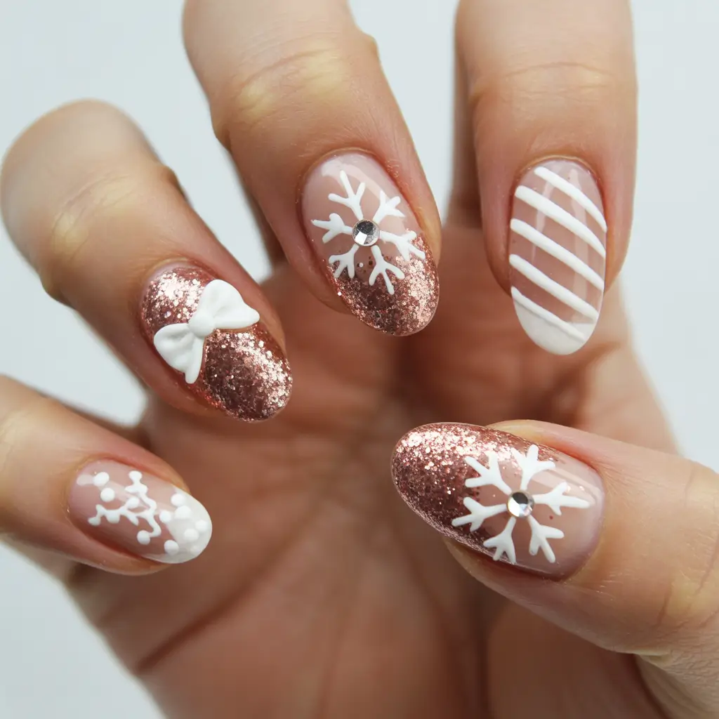 Christmas Acrylic Nails 2025 Rose Gold Spark Show