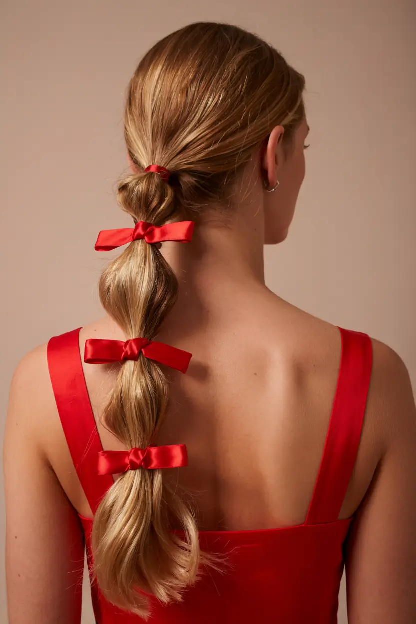 Christmas Holiday Hairstyles 2025 Red Ribbon Bubble Ponytail Elegance