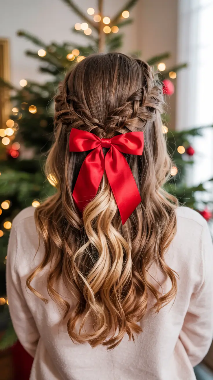 Christmas Holiday Hairstyles 2025 Classic Half-Up with Red Ribbon