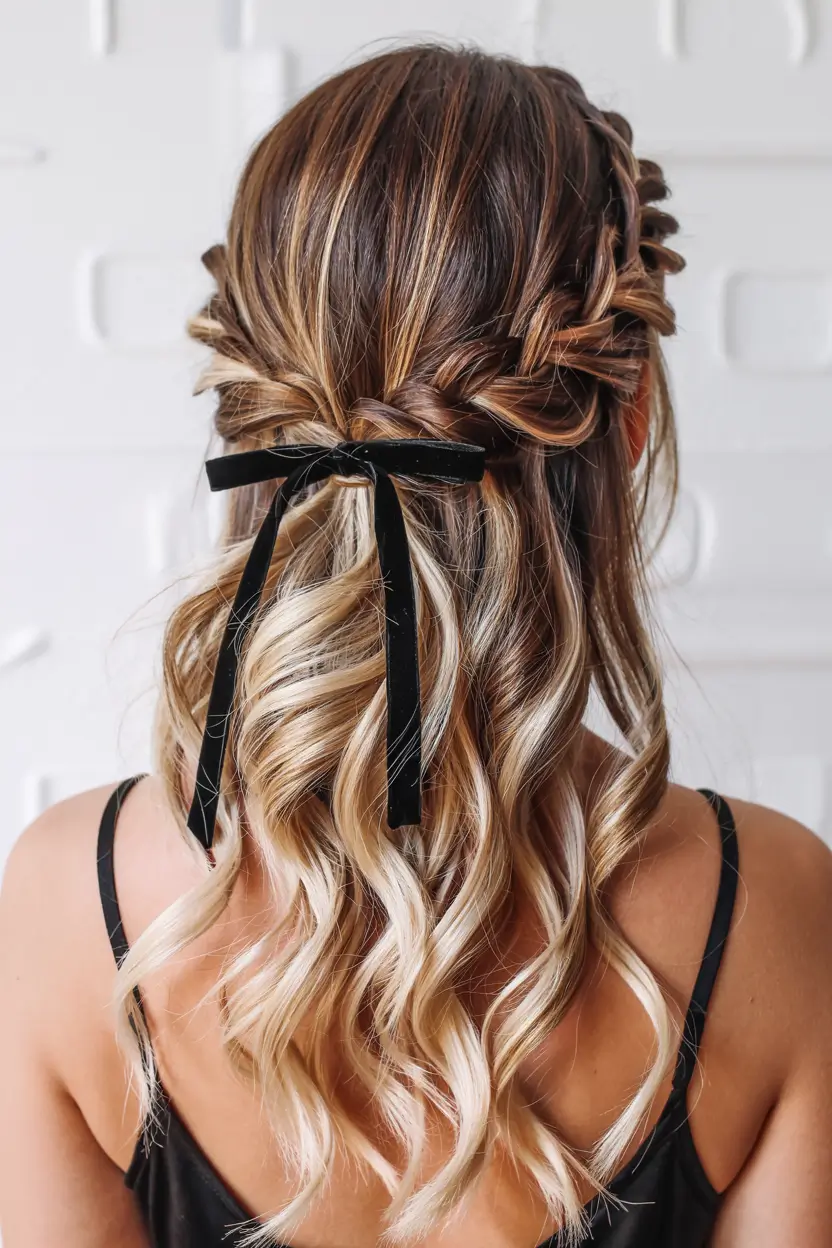Christmas Holiday Hairstyles 2025 Velvet Ribbon Braided Half-Up Glam
