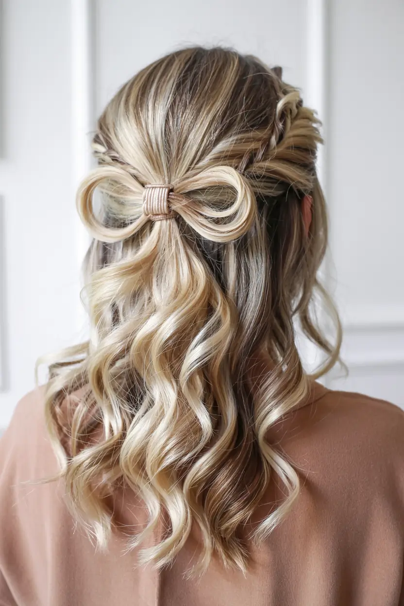 Christmas Holiday Hairstyles 2025 Blonde Bow Cascade