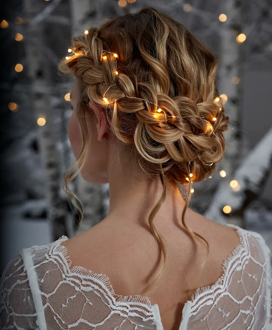 Christmas Holiday Hairstyles 2025 Golden Braided Crown with Fairy Lights
