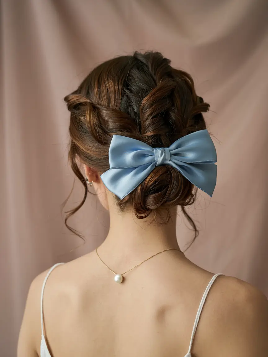 christmas hairstyles for short hair Frosted Elegance with Satin Blue Bow
