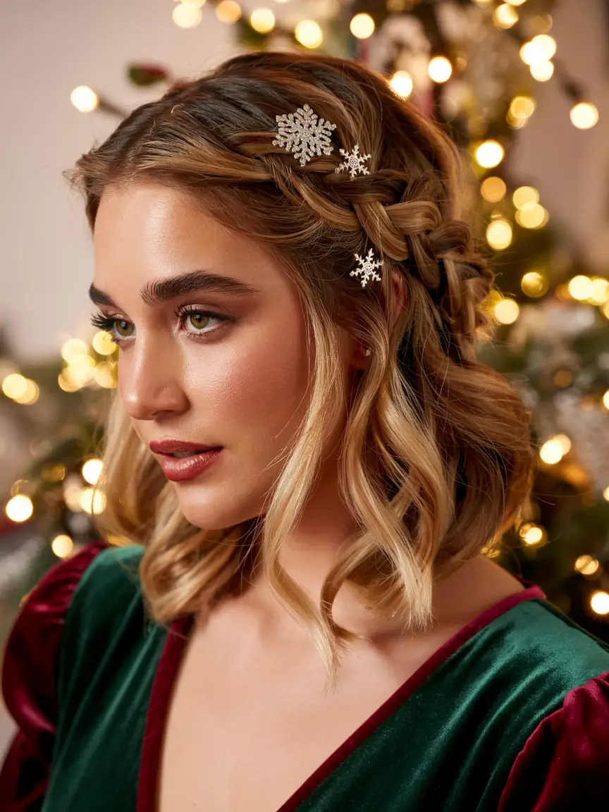 Christmas Holiday Hairstyles 2025 Half-Up Snowflake Braid Magic