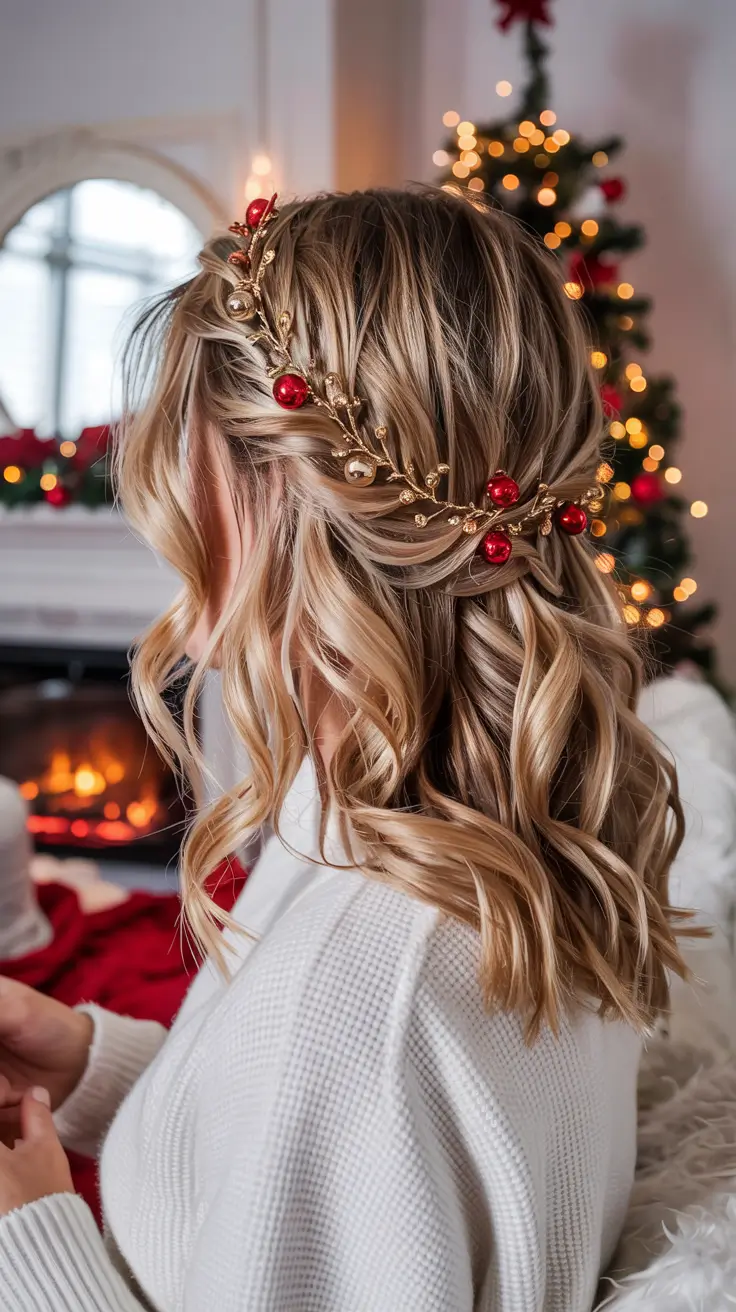 Christmas Holiday Hairstyles 2025 Golden Berry Half-Up Waves