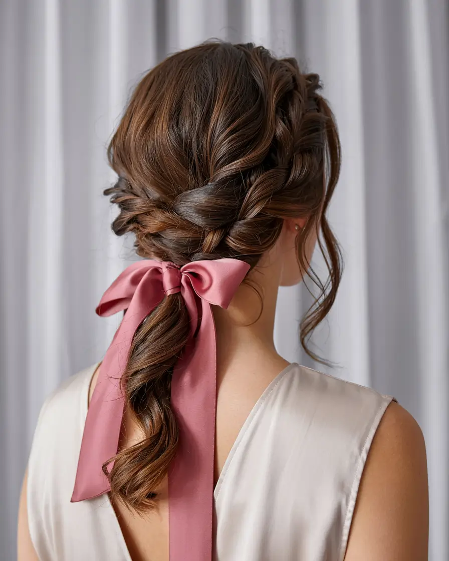 Christmas Holiday Hairstyles 2025 Soft Braided Updo with a Blush Ribbon