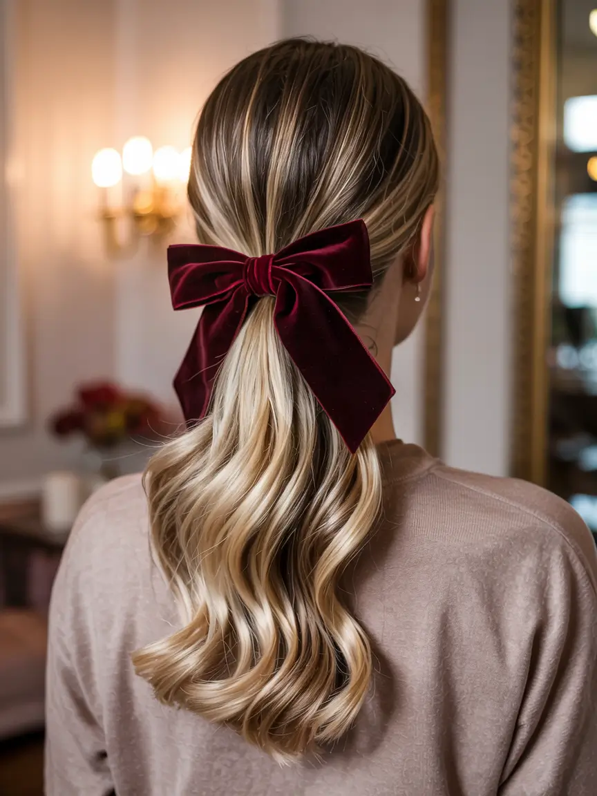 Christmas Holiday Hairstyles 2025 Velvet Bow Low Ponytail