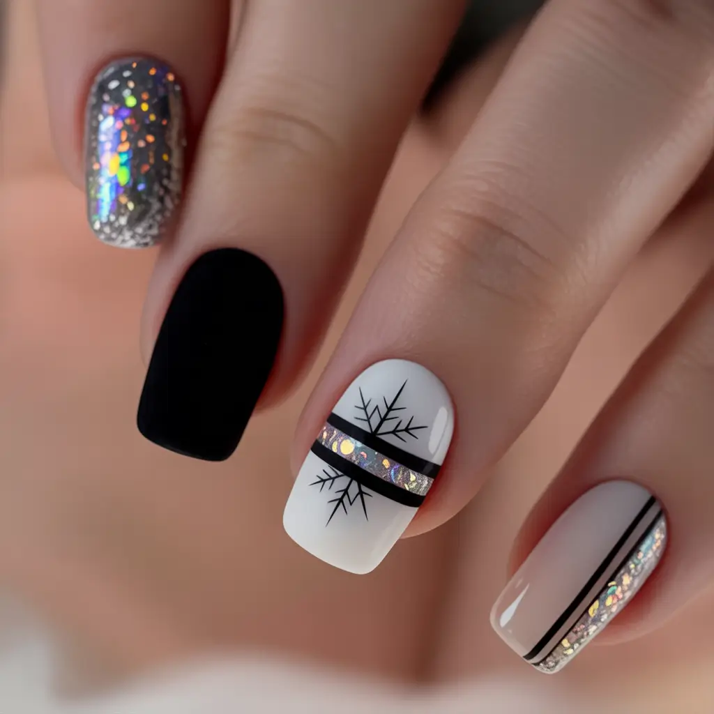 christmas nail art designs Black & White Snowflake Elegance