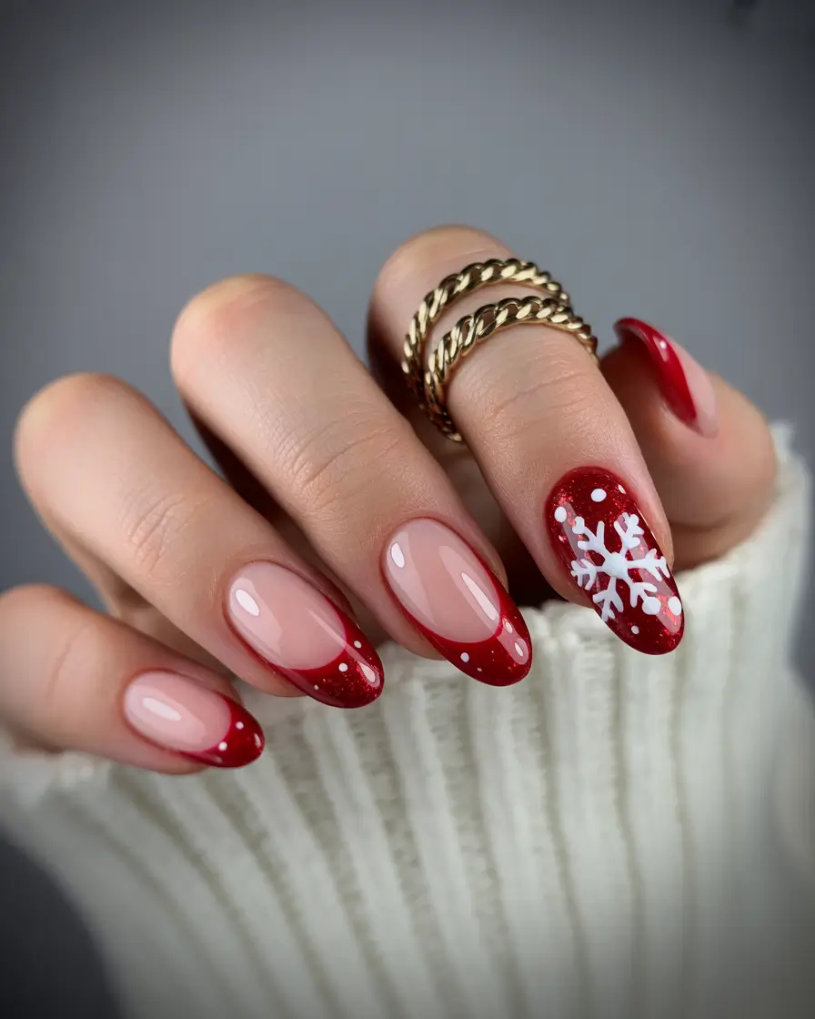 christmas nail art designs Classic Red French with Snowflake Accent