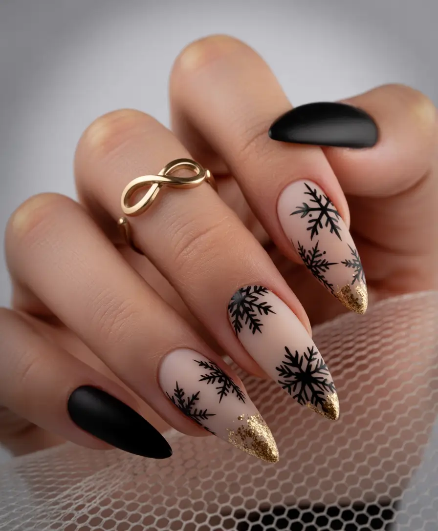 christmas nail art designs Golden Snowflakes with Matte Black