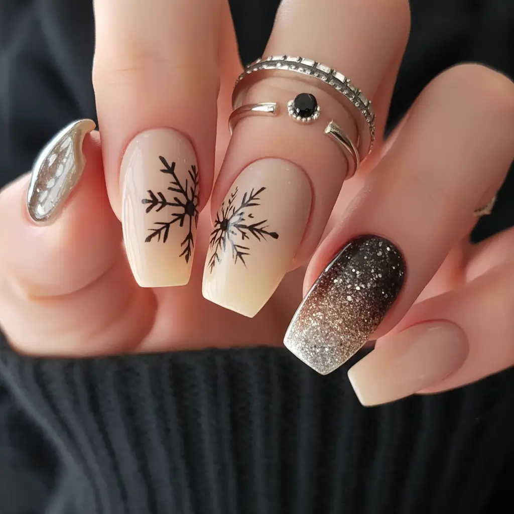 christmas nail art designs Champagne Ombre & Snowflake Chic