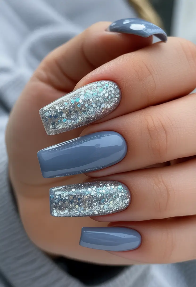 christmas nail colors 2025 Frosted Silver and Icy Blue Sparkle