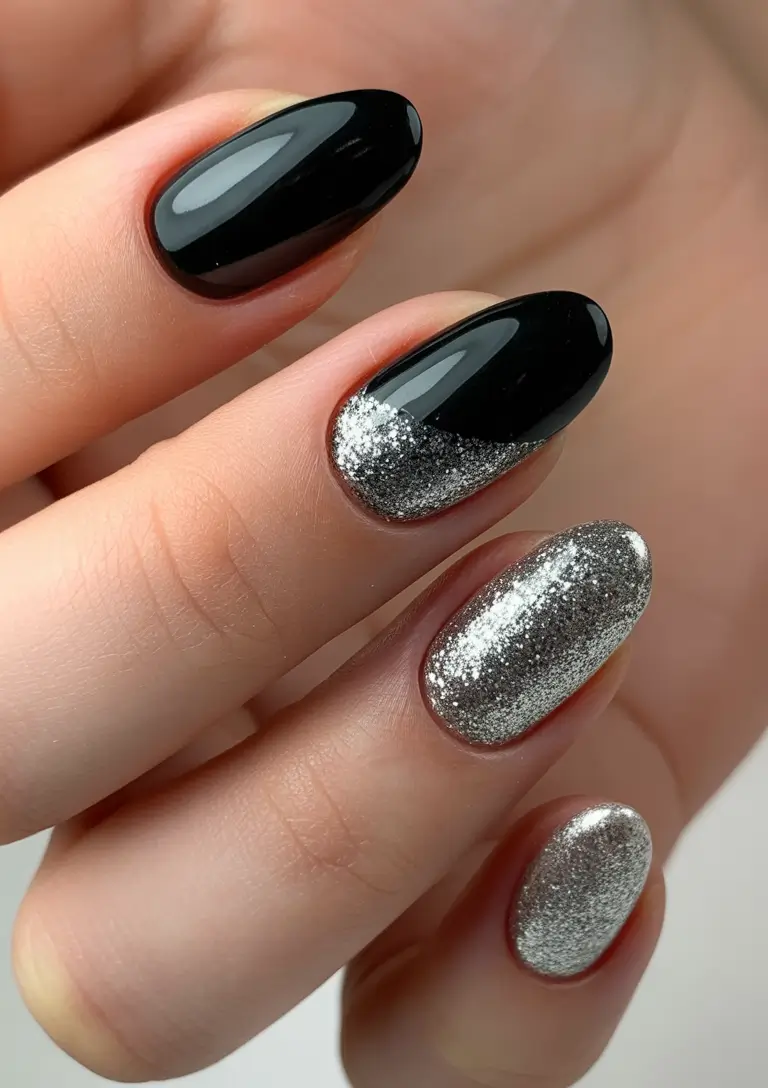 christmas nail colors 2025 Black Ice & Silver Shine