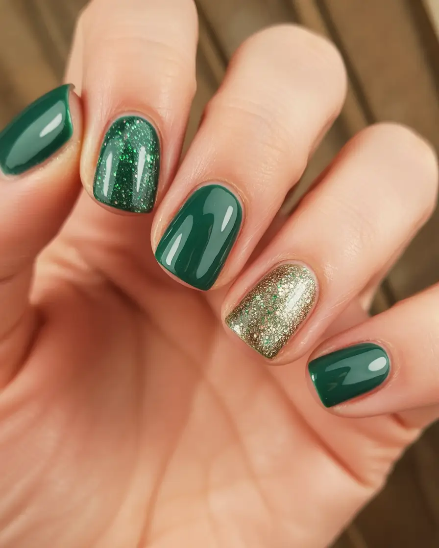 christmas nail colors 2025 Emerald Luxe & Gold Dust