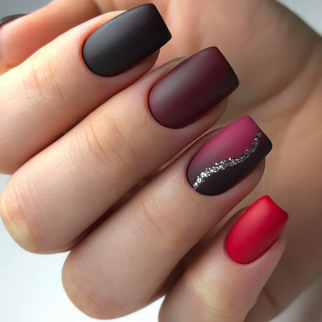 christmas nail colors 2025 Velvet Red and Wine Matte Contrast