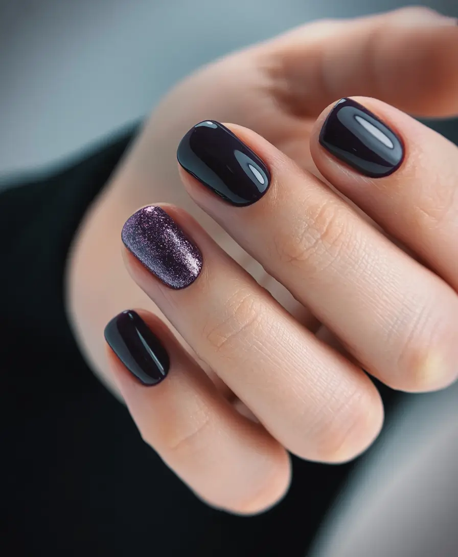 christmas nail colors 2025 Velvet Plum and Stardust Accent