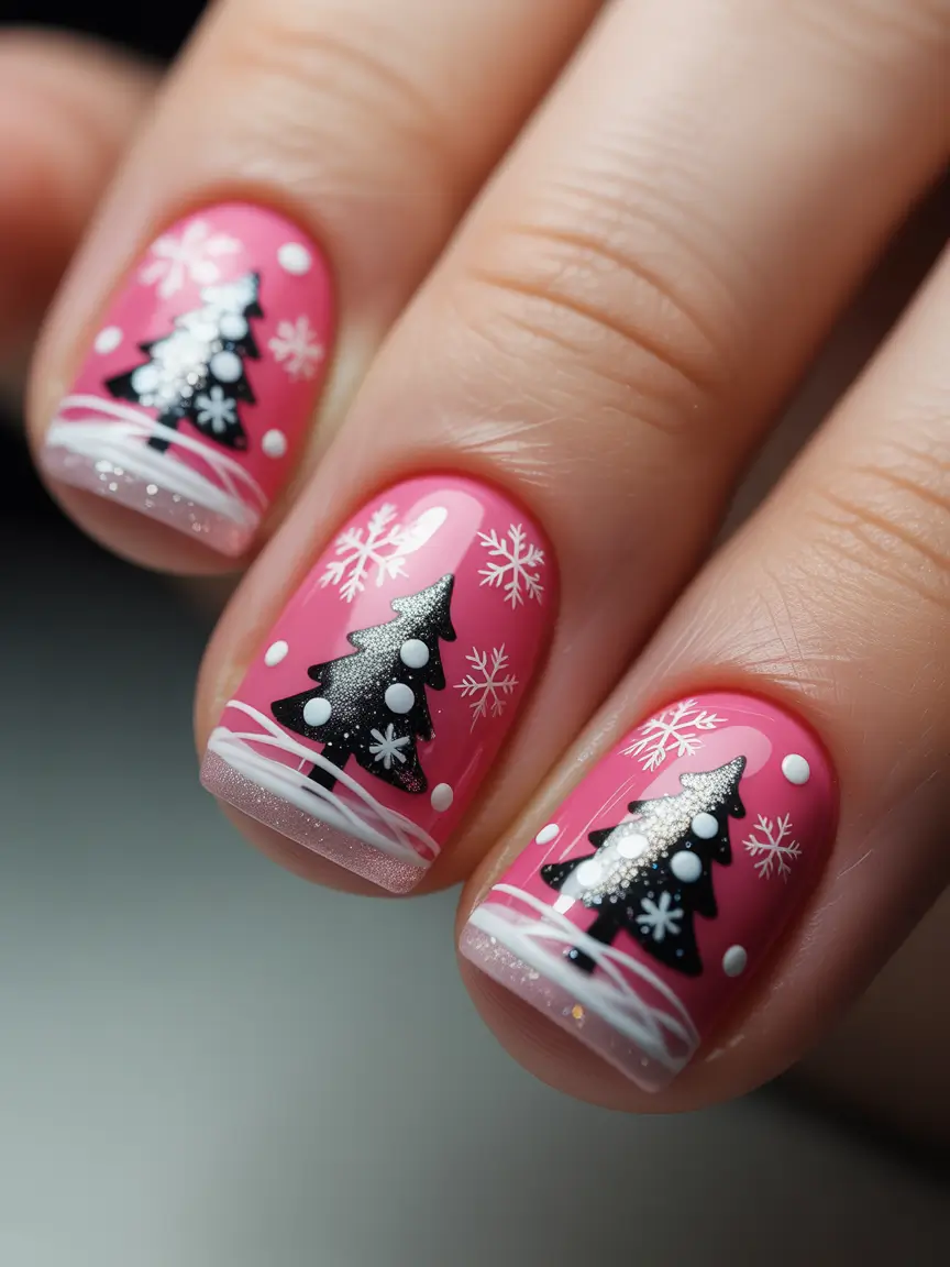 Christmas Tree Nails 2025 Pink Winter Glow