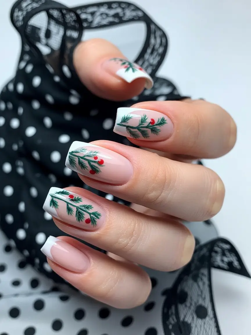 Christmas Tree Nails 2025 Holly-Tipped French Charm
