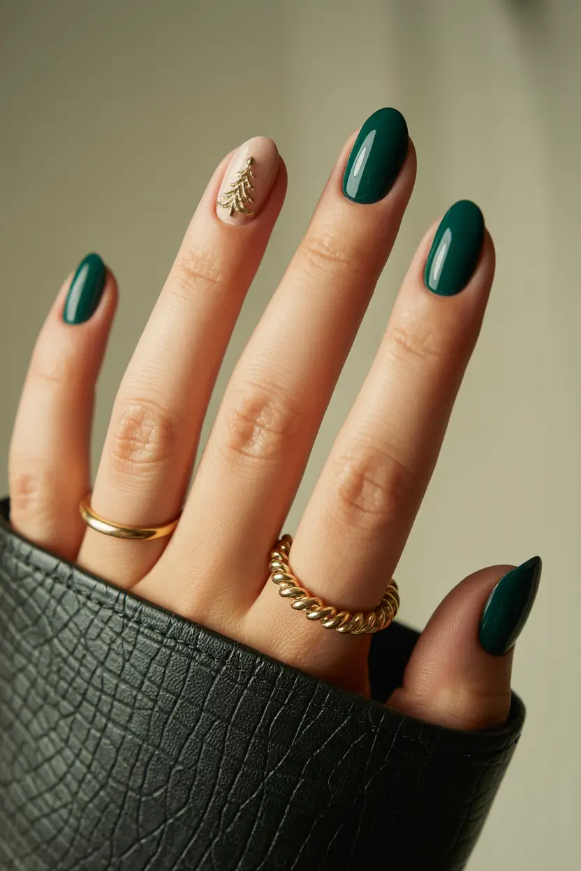 nails design winter Evergreen Elegance with a Golden Charm