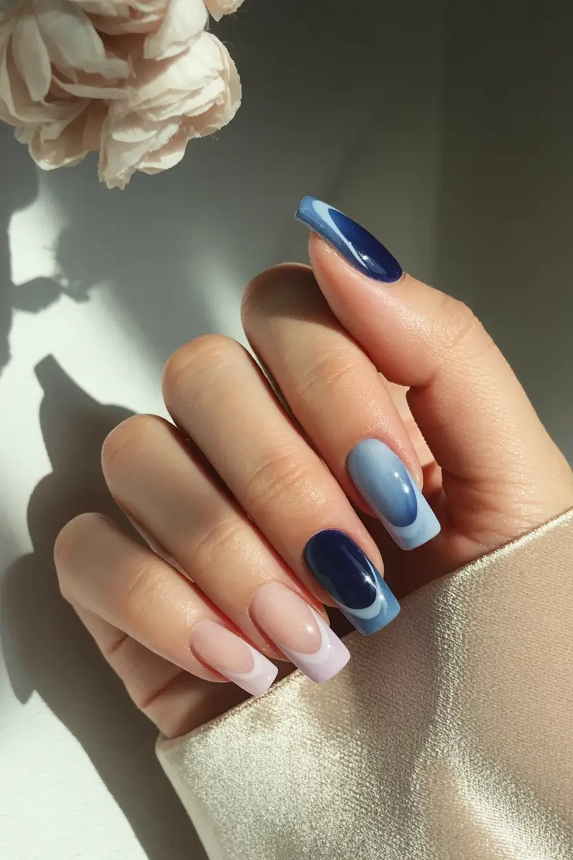 nails design 2025 winter Blue Aura Ombre Glow